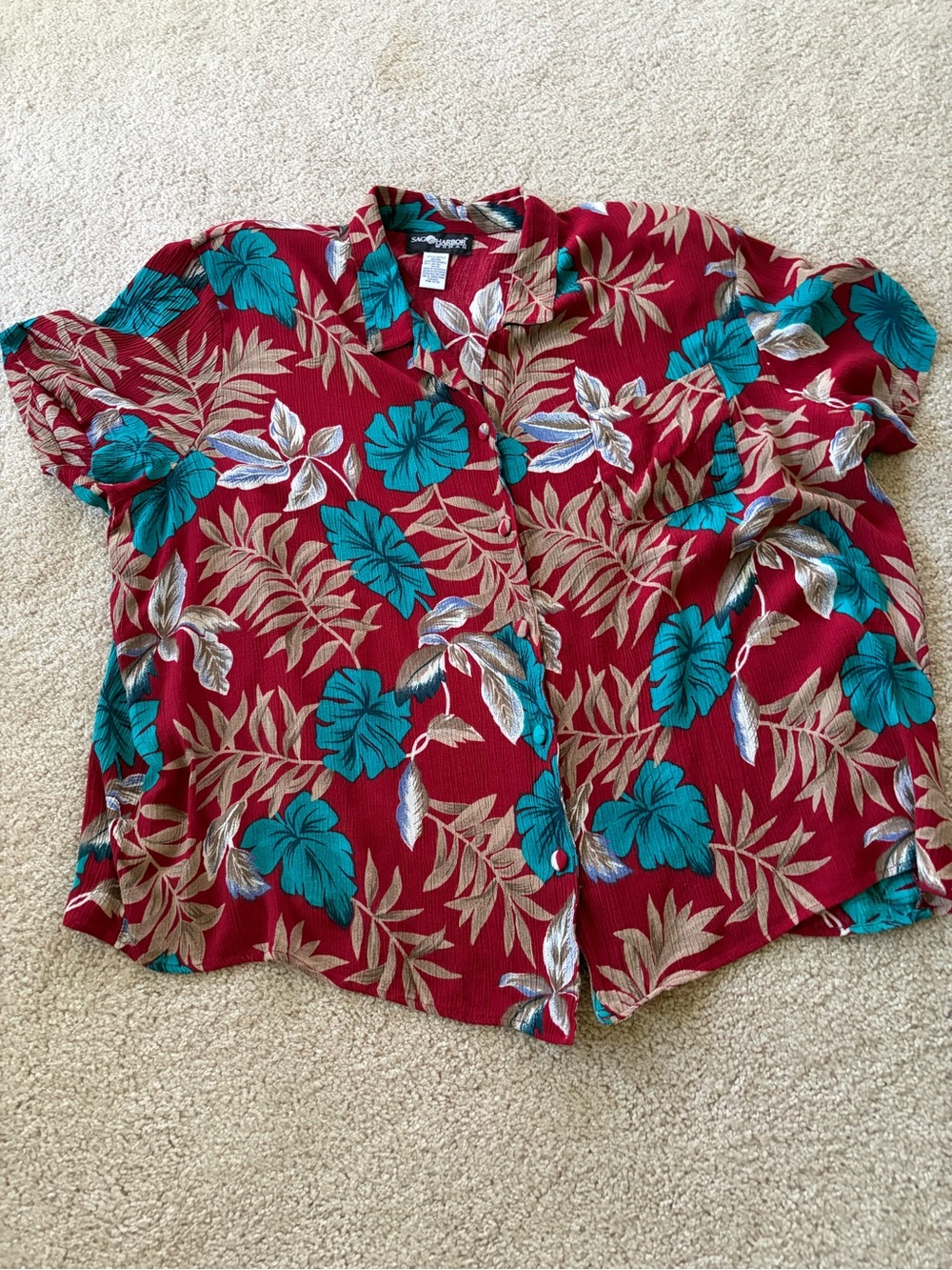 Sag Harbor Red Button-Front Floral Hawaiian Shirt